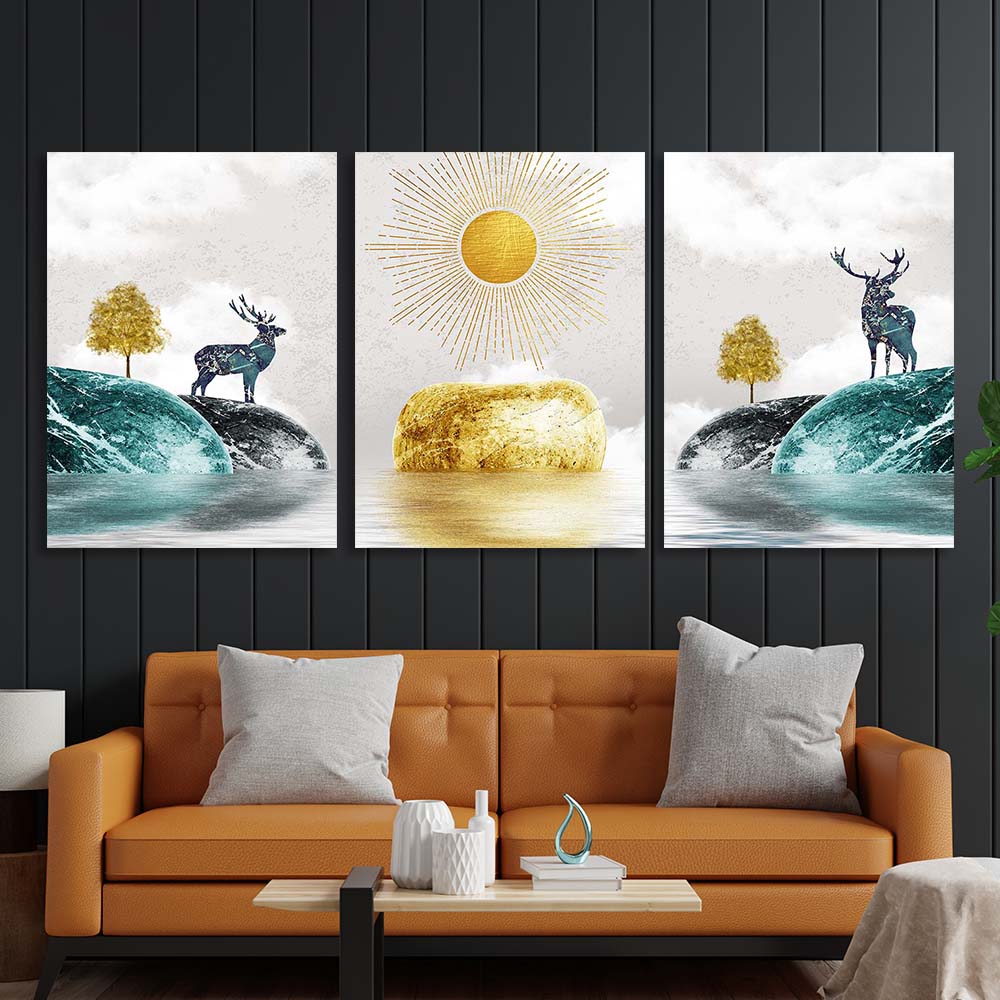 Multi Panel Canvas Wall Art Print Sun between two hills