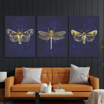 Multi Panel Canvas Wall Art Print Golden butterflies on dark blue background