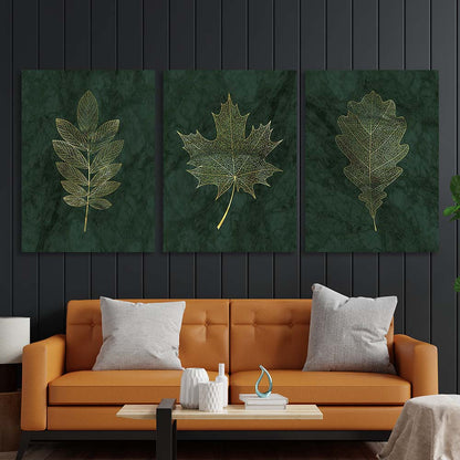 Multi Panel Canvas Wall Art Print Golden leaves on dark green background