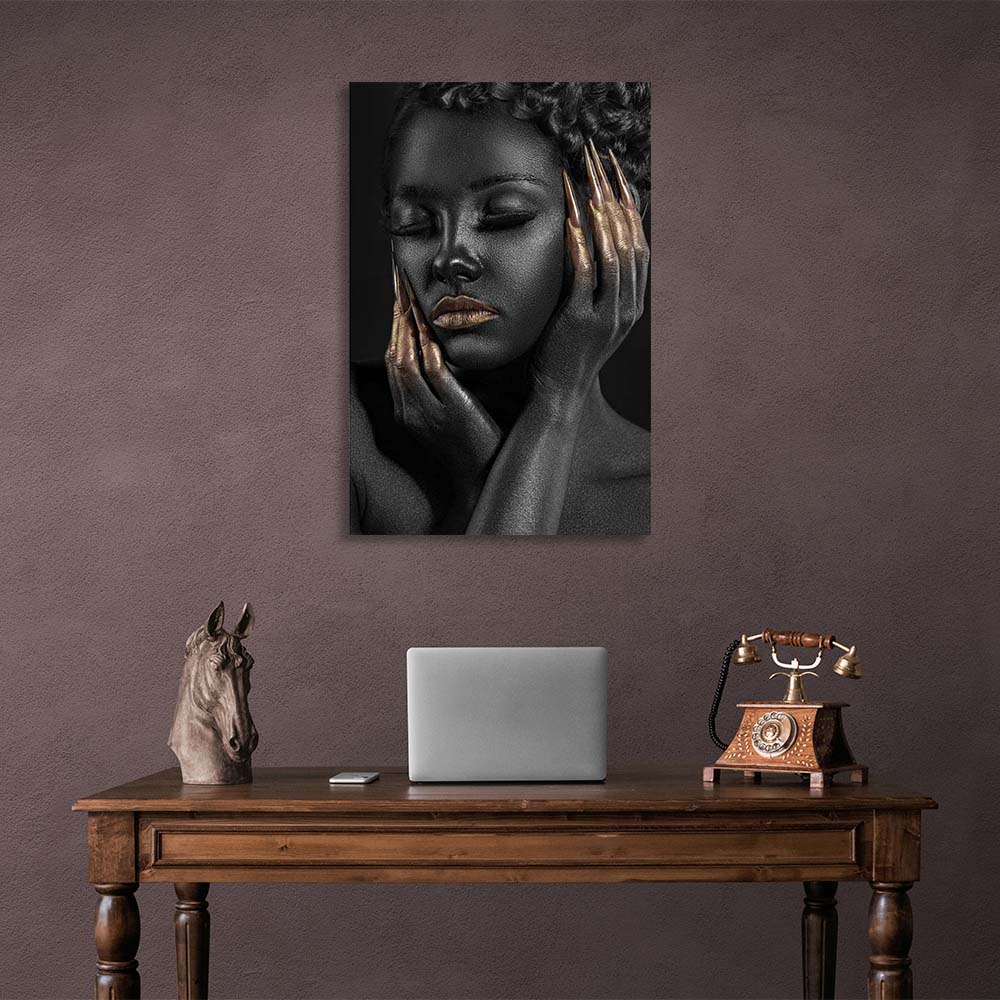 Canvas Wall Art Print Dark-skinned girl with golden manicure