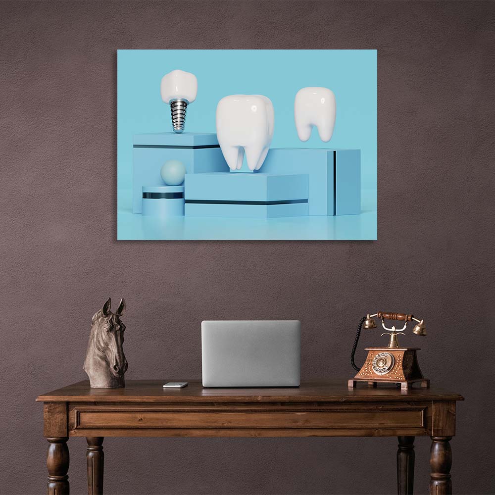 For dentistry 3 teeth on blue stands Canvas Wall Art Print