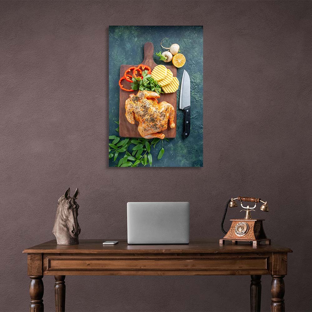 Canvas Wall Art Print For Kitchen Grilled chicken with vegetables on a board