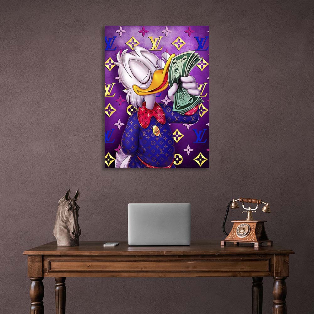 Inspirational Canvas Wall Art Print Scrooge with a bundle of dollars on purple background Chanel