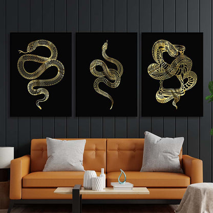 Multi Panel Canvas Wall Art Print Golden snakes on a black background