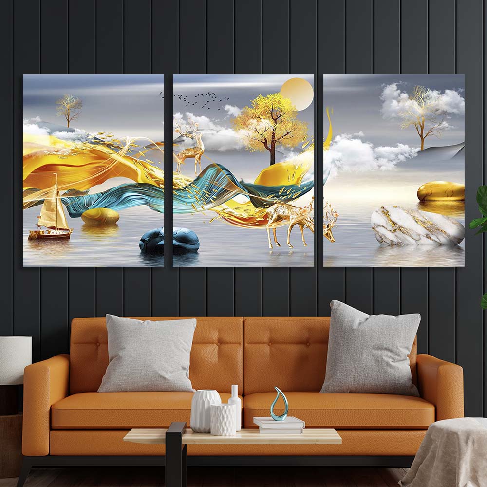 Multi Panel Canvas Wall Art Print Golden deer on the background of hills