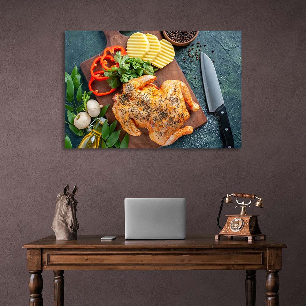 Canvas Wall Art Print For Kitchen Grilled chicken with vegetables on a board horizontal 2