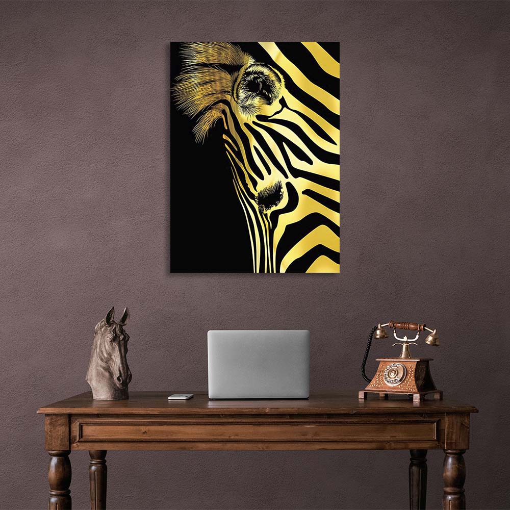 Canvas Wall Art Print Gold zebra head on black background