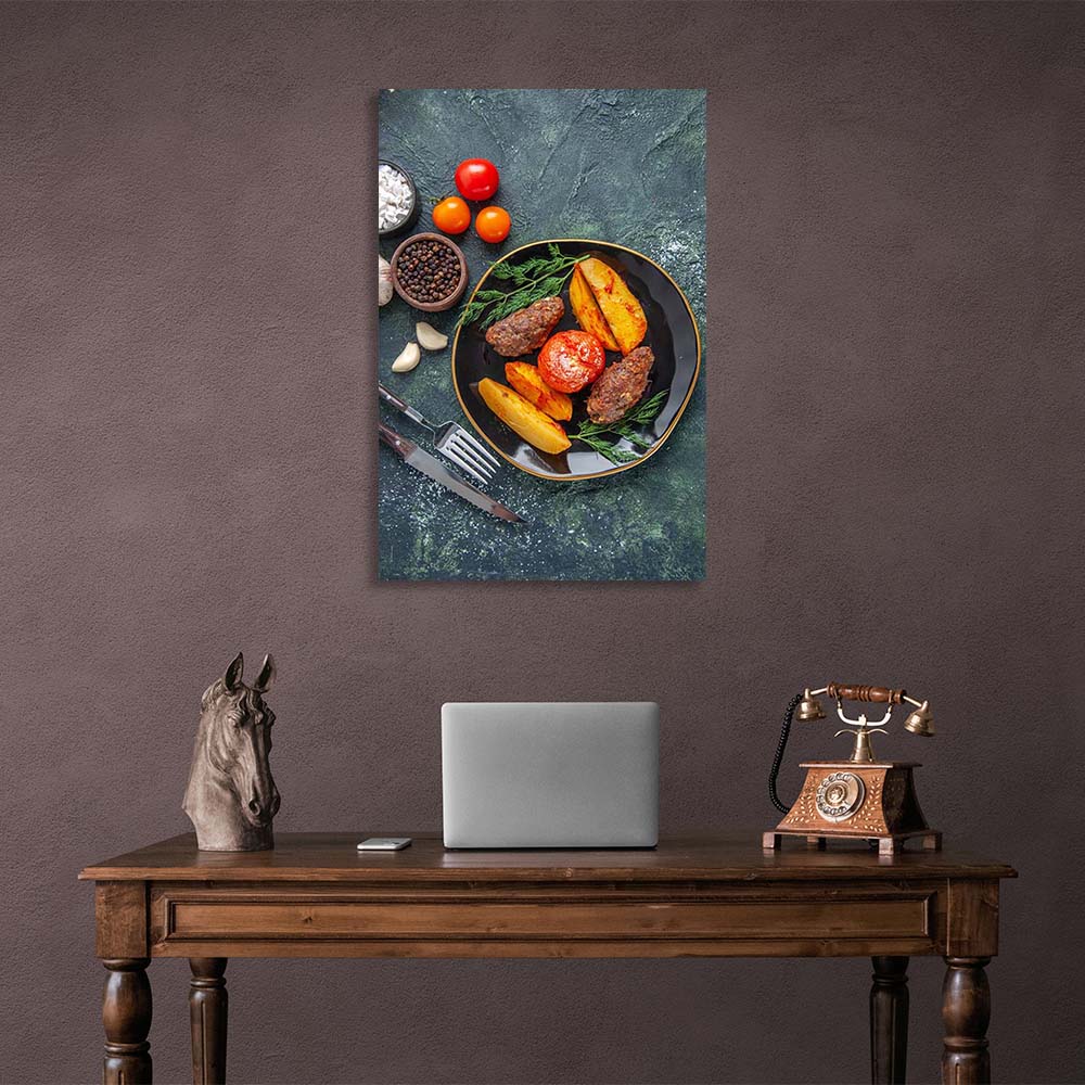 Canvas Wall Art Print For Kitchen Steak with grilled vegetables