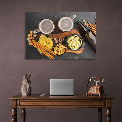 Canvas Wall Art Print For Kitchen Two mugs of beer and snacks