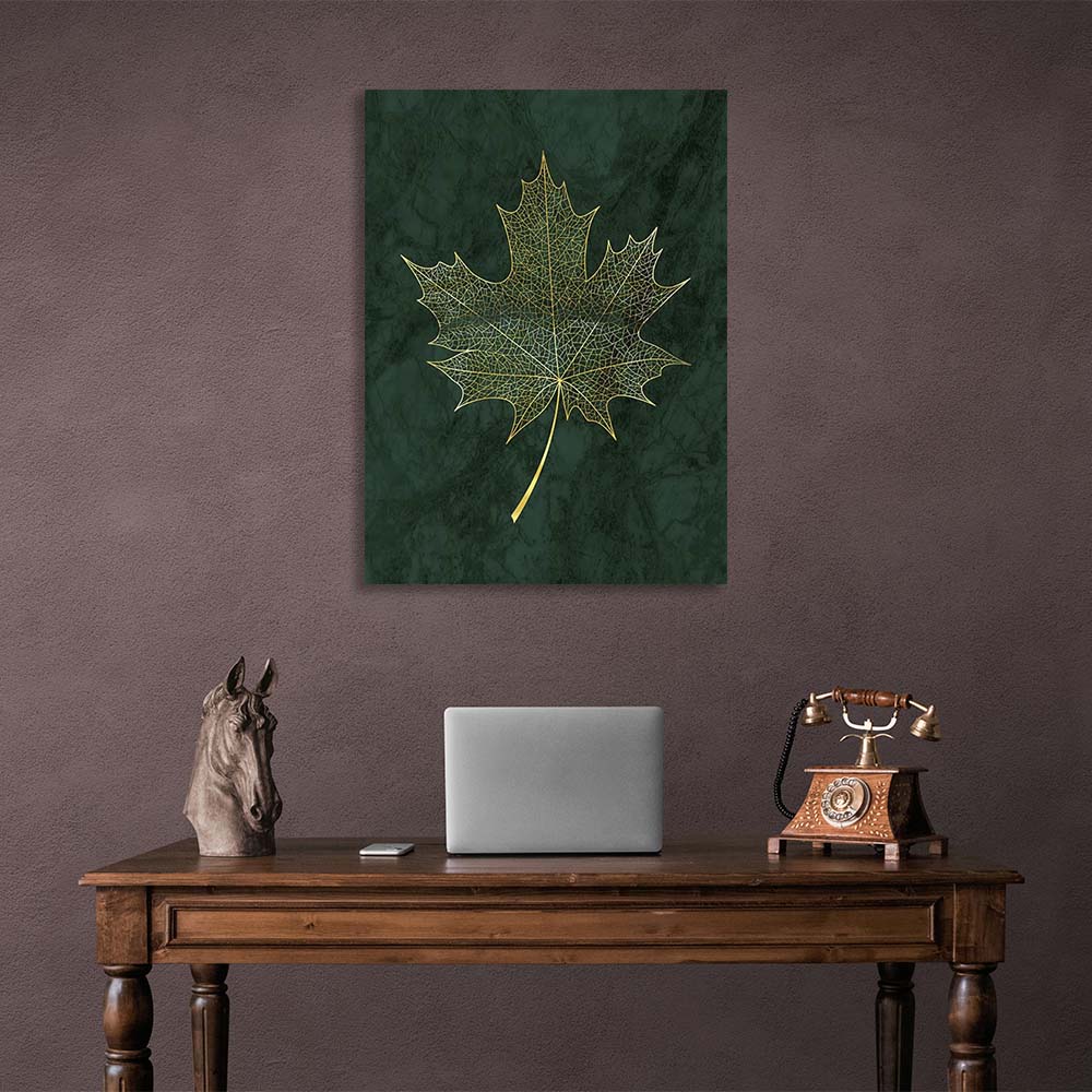 Canvas Wall Art Print Golden maple leaf on dark green background