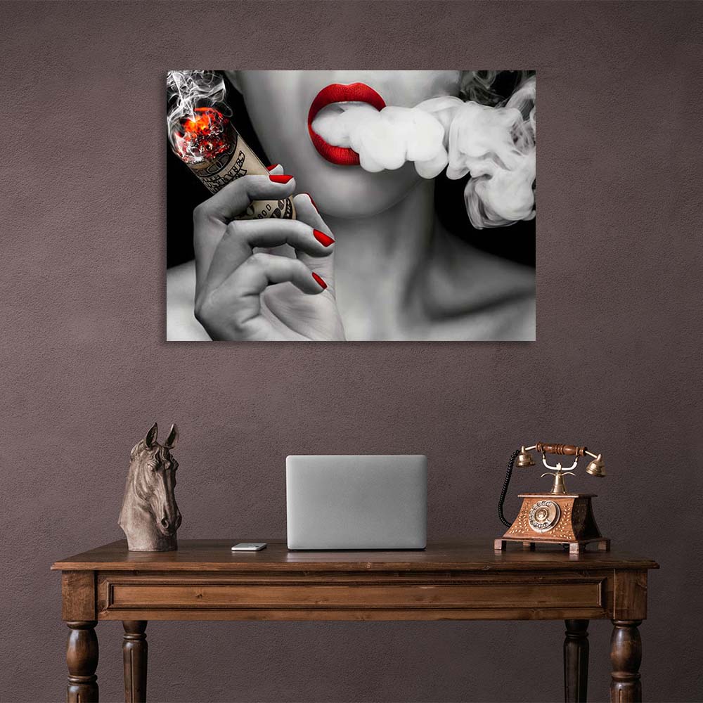 Canvas Wall Art Girl with a cigar of 100 dollars