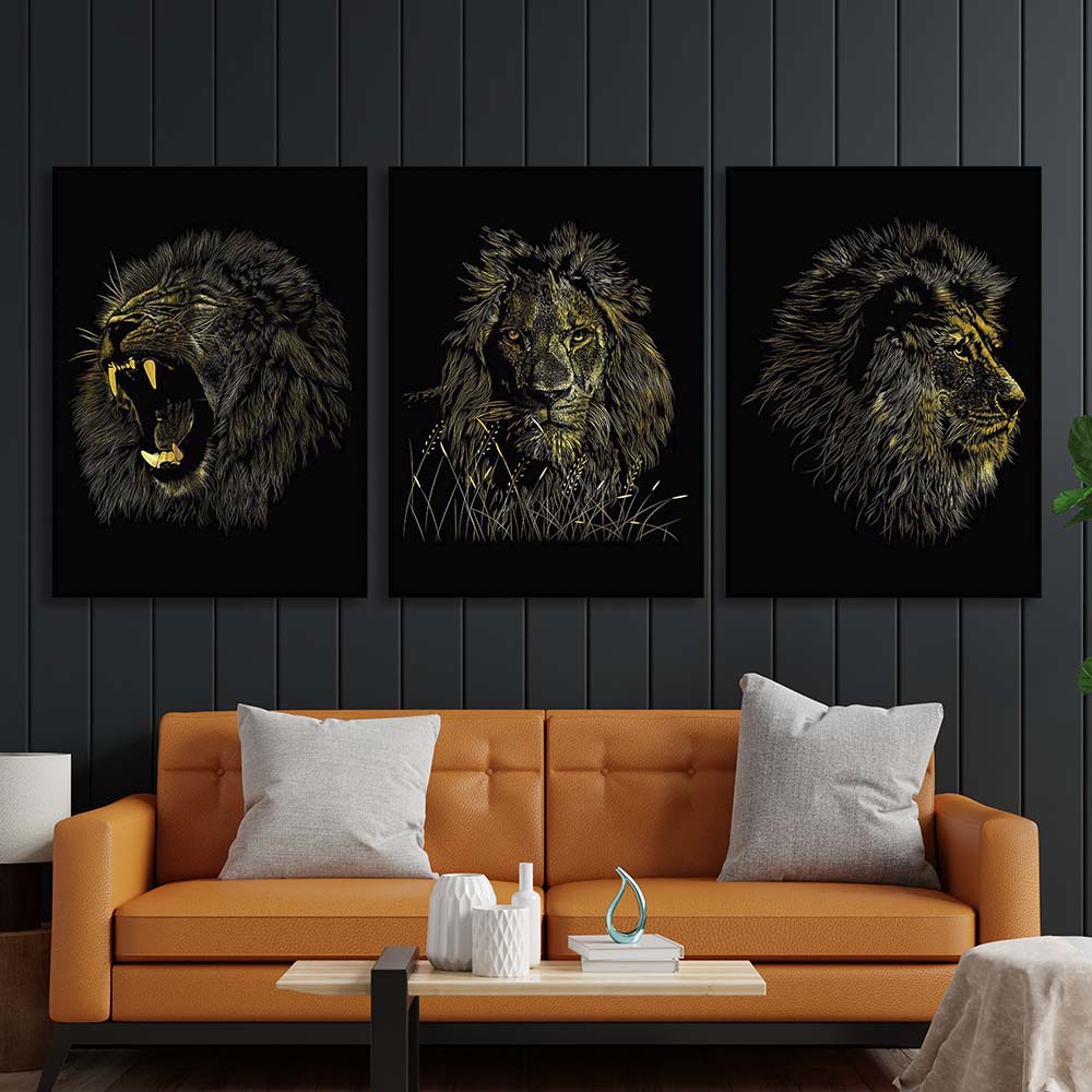 Multi Panel Canvas Wall Art Print Lion's head on a black background