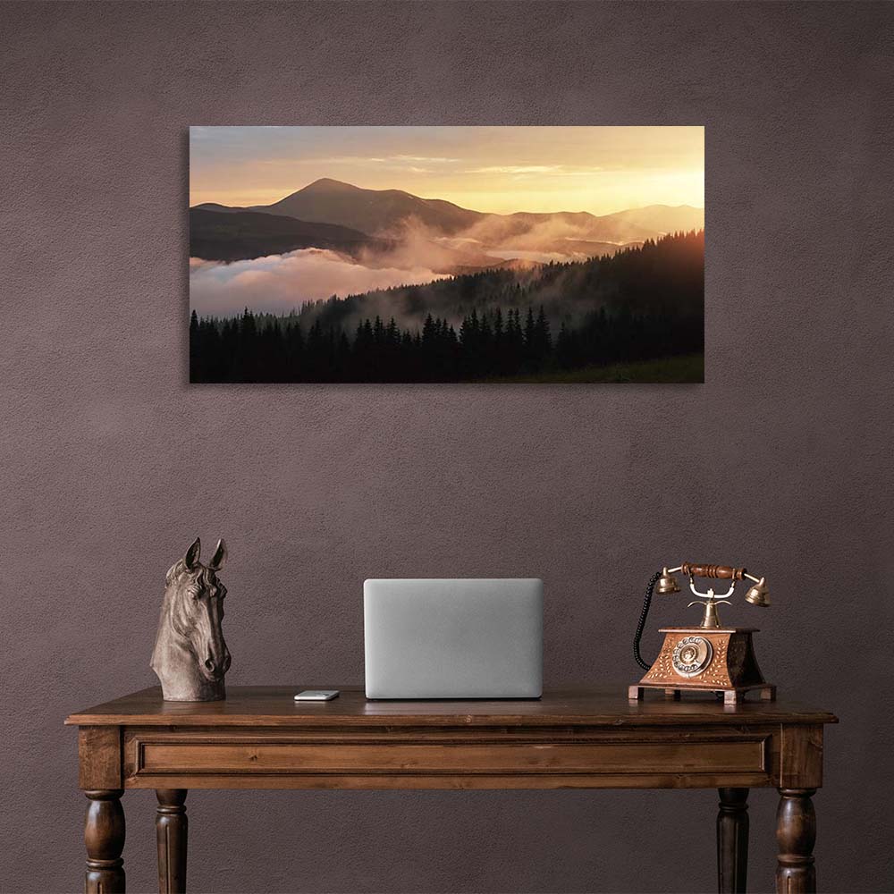 Canvas Wall Art Print Fog in the sunset mountains