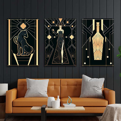 Multi Panel Canvas Wall Art Print Woman, panther and bottle in Art-Deco style