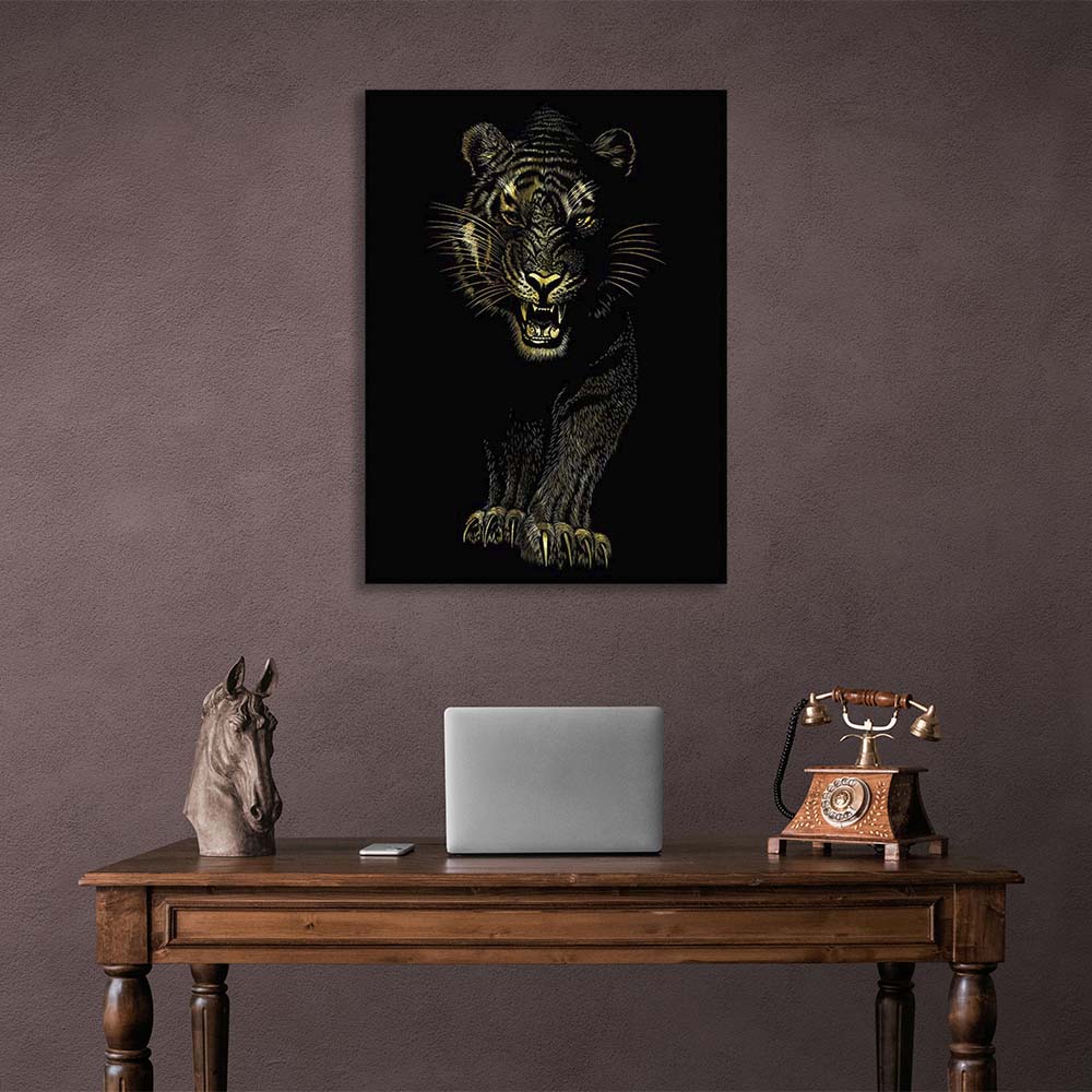 Canvas Wall Art Print Golden tiger on black background