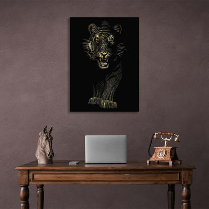 Canvas Wall Art Print Golden tiger on black background