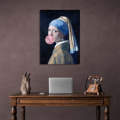 Canvas Wall Art Print Girl with pearl earring and pink bubblegum