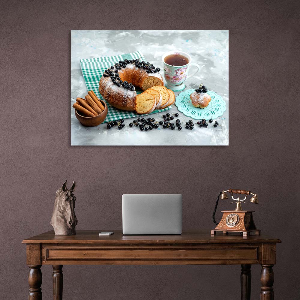 Tea, cinnamon and blackcurrant muffin Canvas Wall Art Print For Kitchen