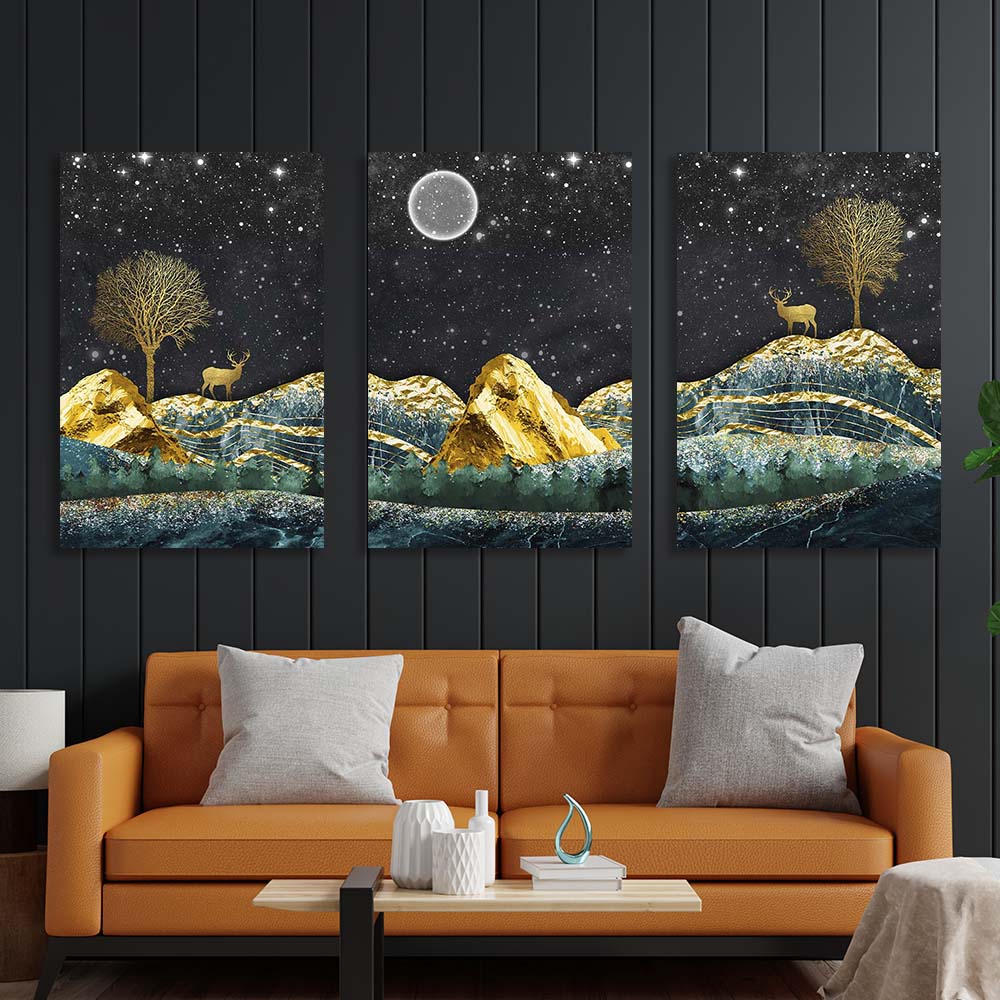 Multi Panel Canvas Wall Art Print Golden deer on the background of the starry sky