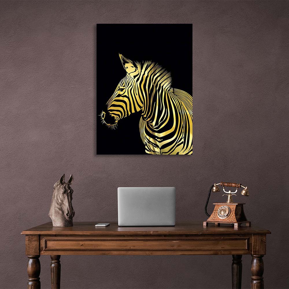 Canvas Wall Art Print Golden zebra on black background