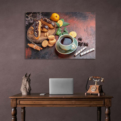 Canvas Wall Art Print For Kitchen Black tea with cinnamon and pastries