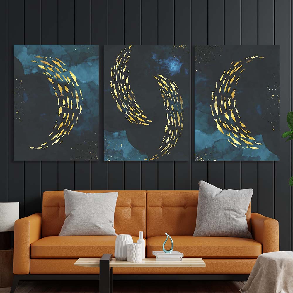 Multi Panel Canvas Wall Art Print Golden fish on a blue background