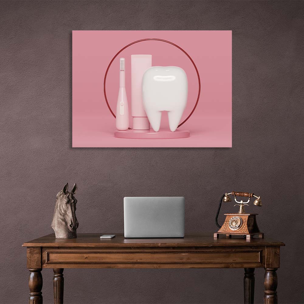 For dentistry tooth with brush and paste on pink background Canvas Wall Art Print