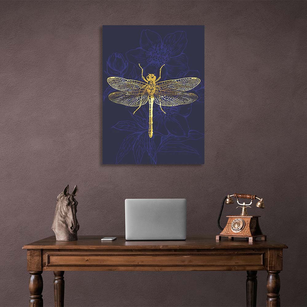 Canvas Wall Art Print Golden dragonfly on dark blue background