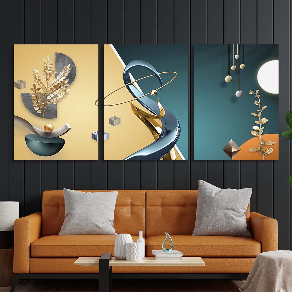 Multi Panel Canvas Wall Art Print Blue-gold abstraction