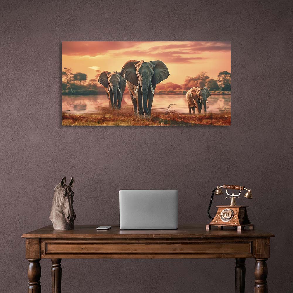 3 elephants by the lake Canvas Wall Art Print