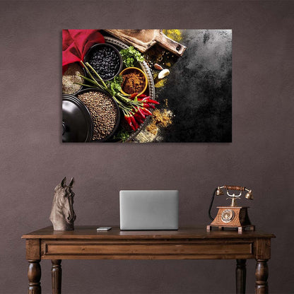 Canvas Wall Art Print For Kitchen Cereals with curry on dark gray background