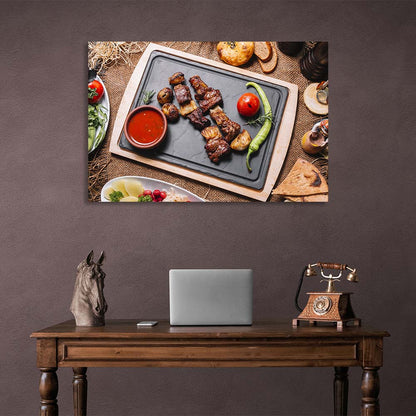 For the kitchen Shish kebab with baked potatoes and peppers Canvas Wall Art Print For Kitchen