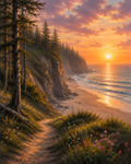 Coastal Cliff Canvas Wall Art, Forest Ocean Landscape Painting, Pacific Coast Nature Canvas for Living Room