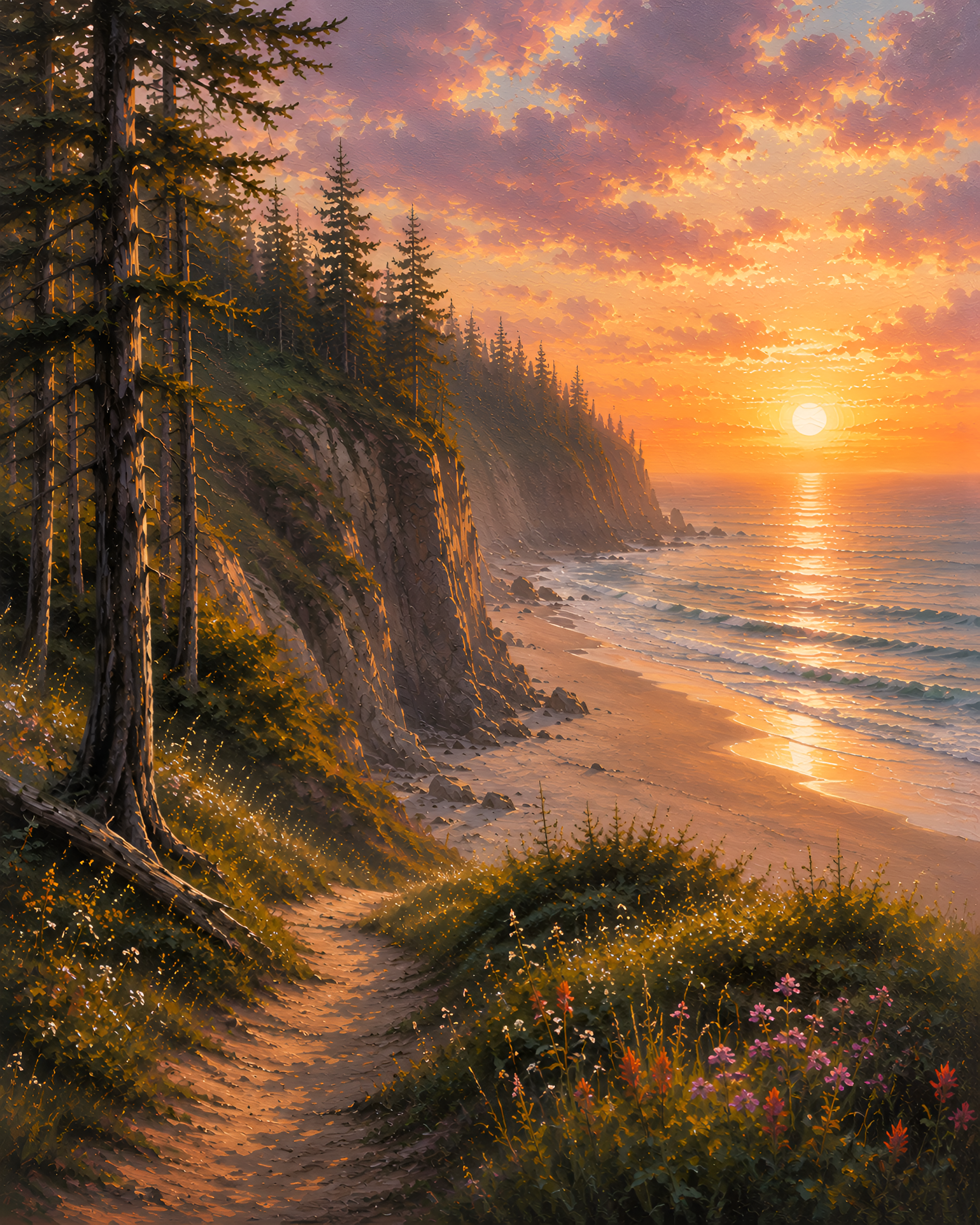 Coastal Cliff Canvas Wall Art, Forest Ocean Landscape Painting, Pacific Coast Nature Canvas for Living Room