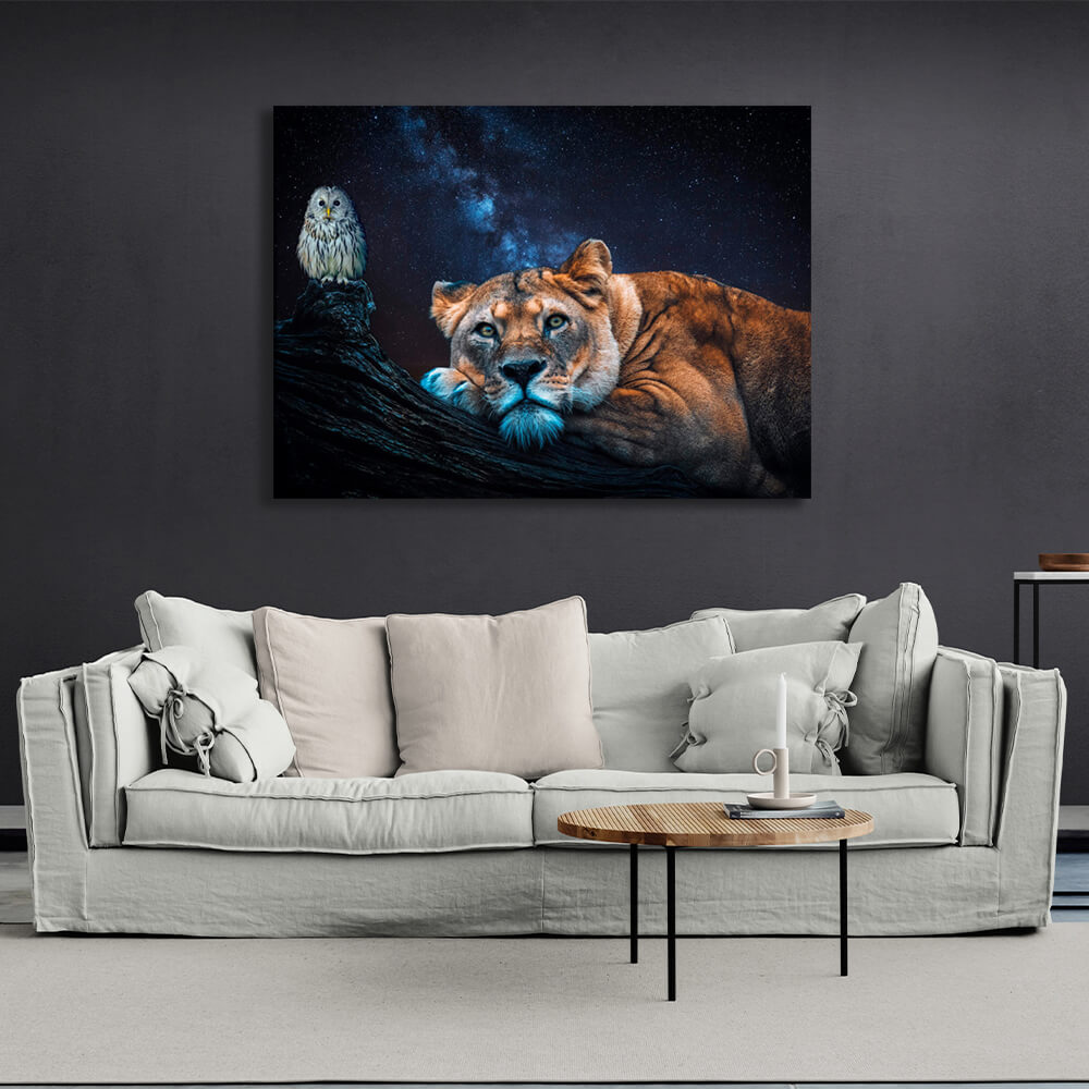 A lioness and an owl Canvas Wall Art Print