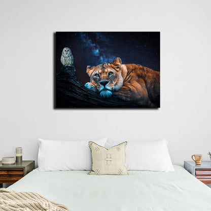 A lioness and an owl Canvas Wall Art Print