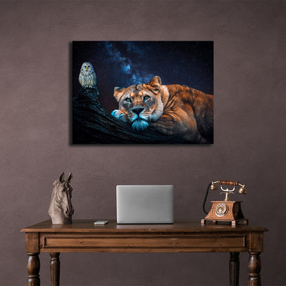 A lioness and an owl Canvas Wall Art Print