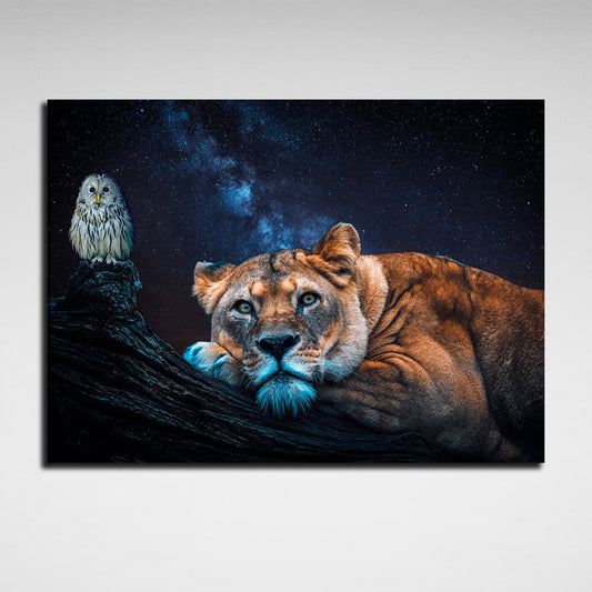 A lioness and an owl Canvas Wall Art Print