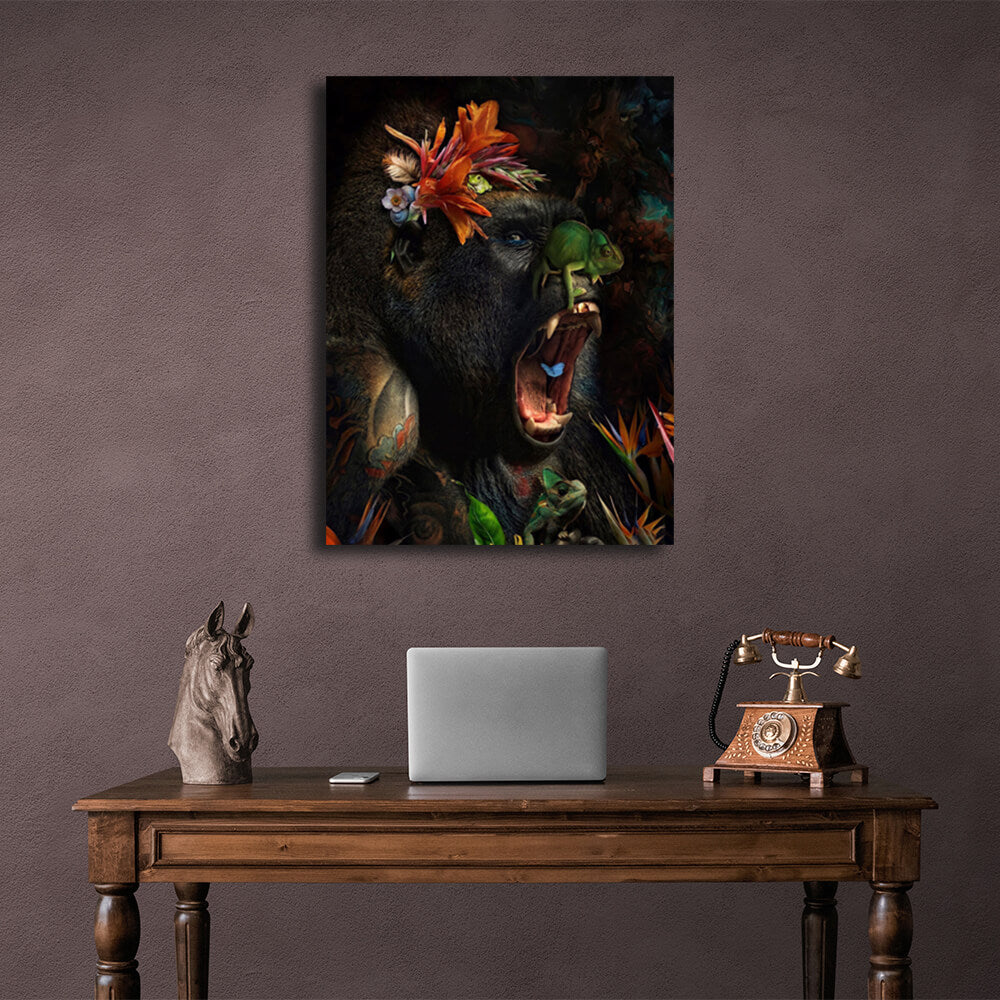 Gorilla and flowers Canvas Wall Art Print