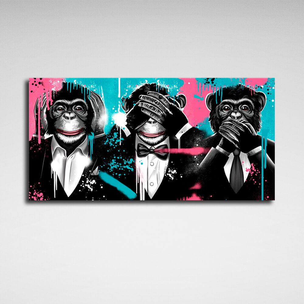 Three monkeys in jackets Canvas Wall Art Print