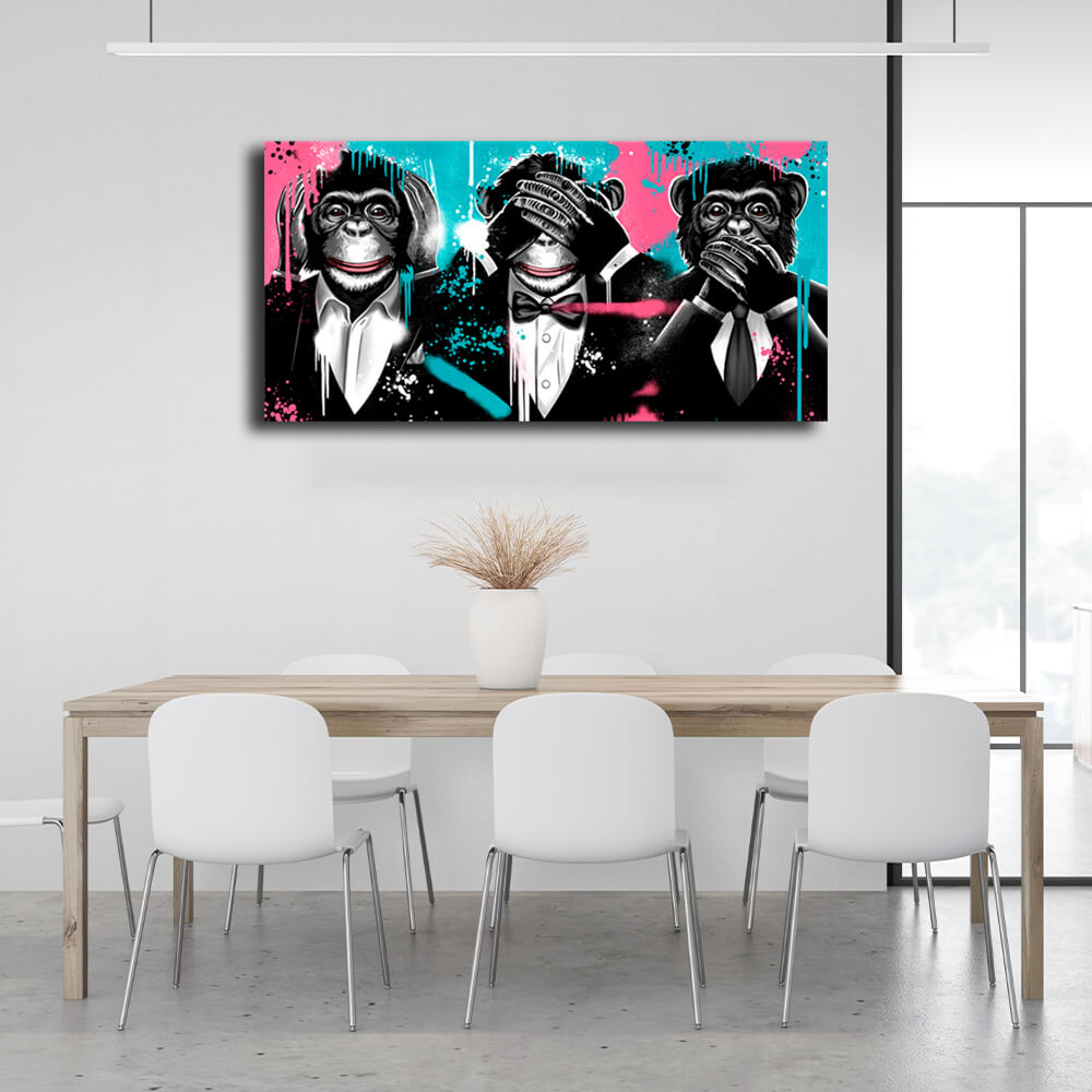 Three monkeys in jackets Canvas Wall Art Print