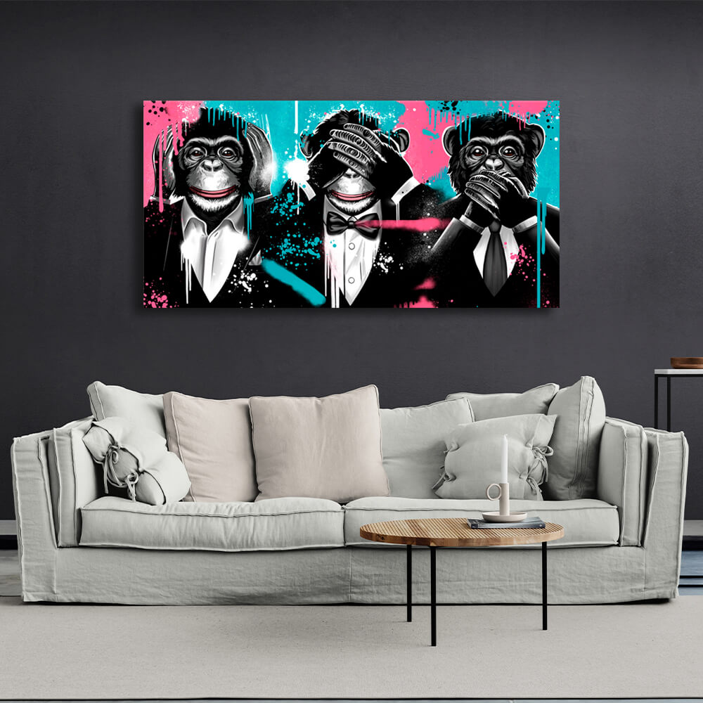 Three monkeys in jackets Canvas Wall Art Print