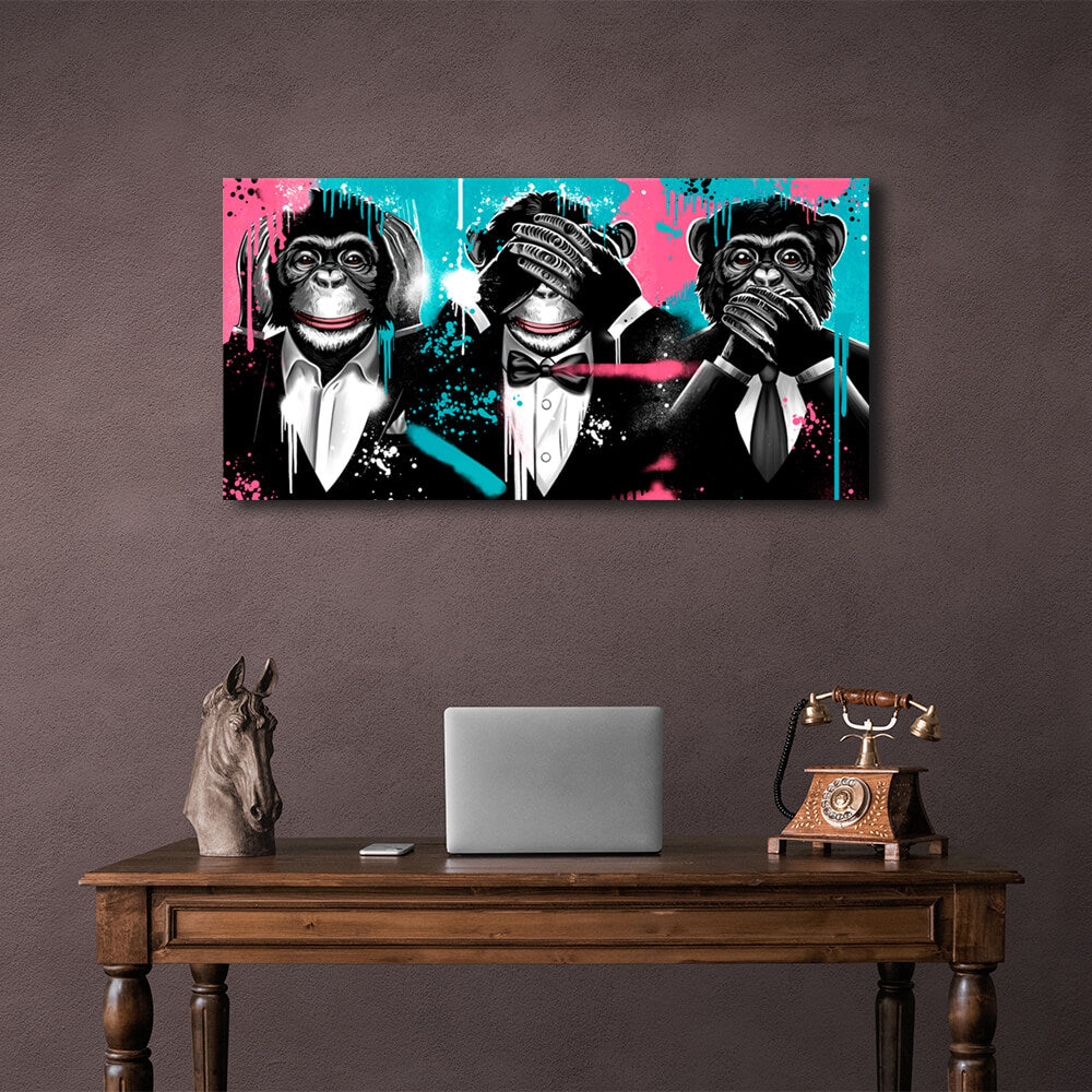 Three monkeys in jackets Canvas Wall Art Print