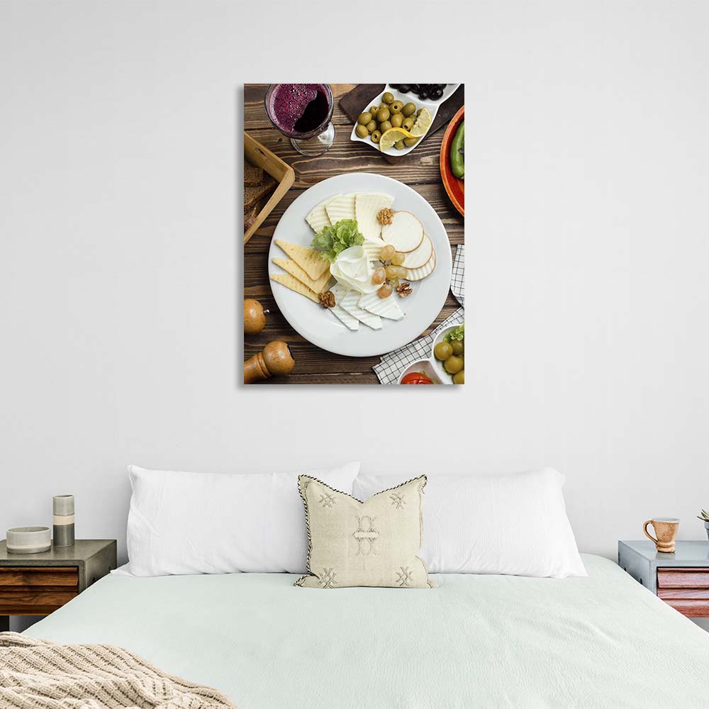 Canvas Wall Art Print For Kitchen Cheese spread with red wine