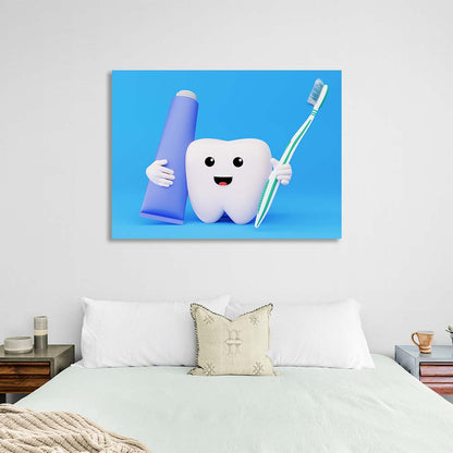 For dentistry tooth with brush and paste on blue background Canvas Wall Art Print