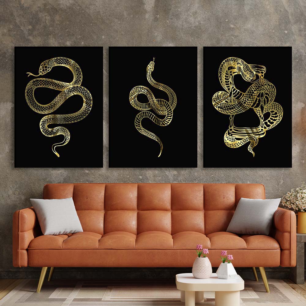 Multi Panel Canvas Wall Art Print Golden snakes on a black background