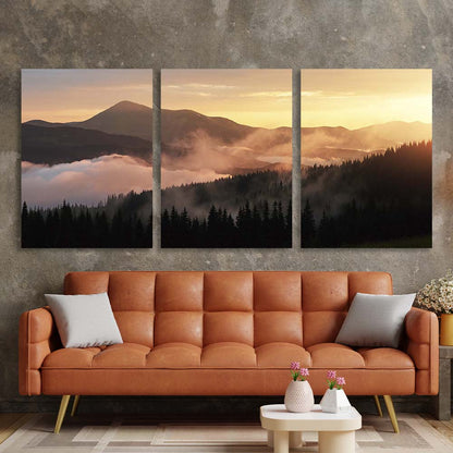 Multi Panel Canvas Wall Art Print Fog in the sunset mountains