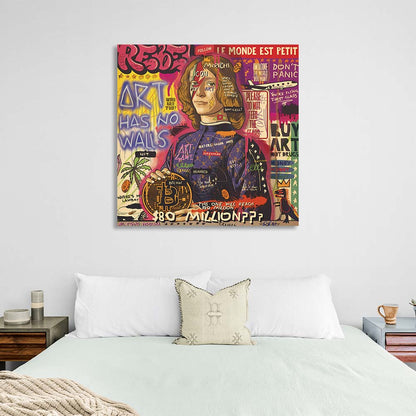 Pop art portrait of a young man with bitcoin Canvas Wall Art Print