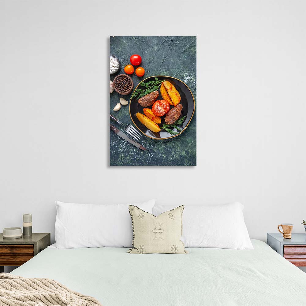 Canvas Wall Art Print For Kitchen Steak with grilled vegetables