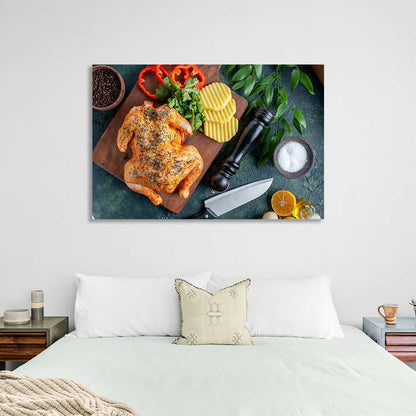 Canvas Wall Art Print For Kitchen Grilled chicken with vegetables on a board horizontal